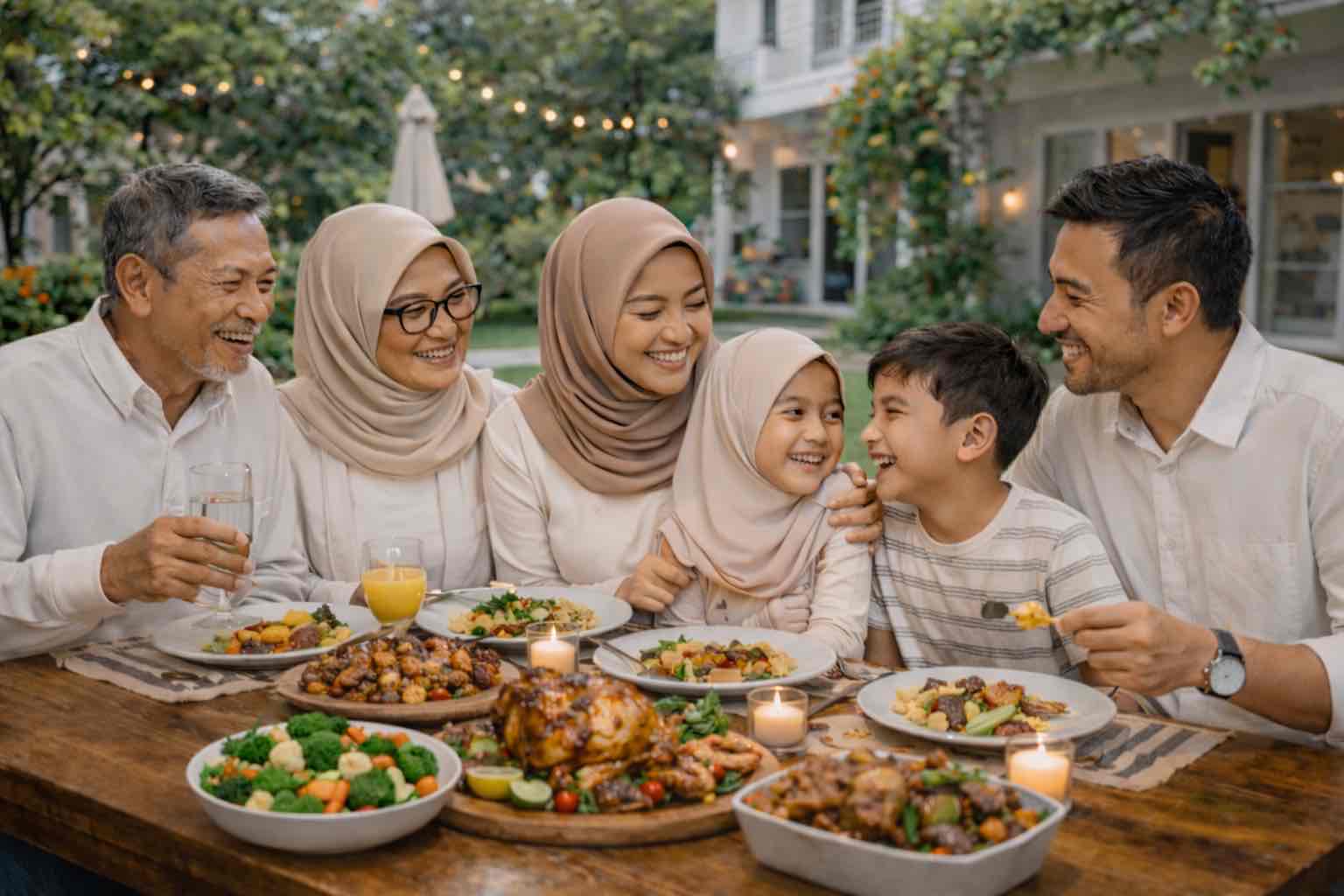 Keluarga bahagia makan bersama dengan pencernaan sehat
